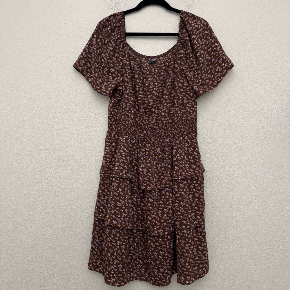 Pretty Garden Brown Floral Boho Swing Tiered Ruffle Summer Dress Size XL NWT - Picture 2 of 13